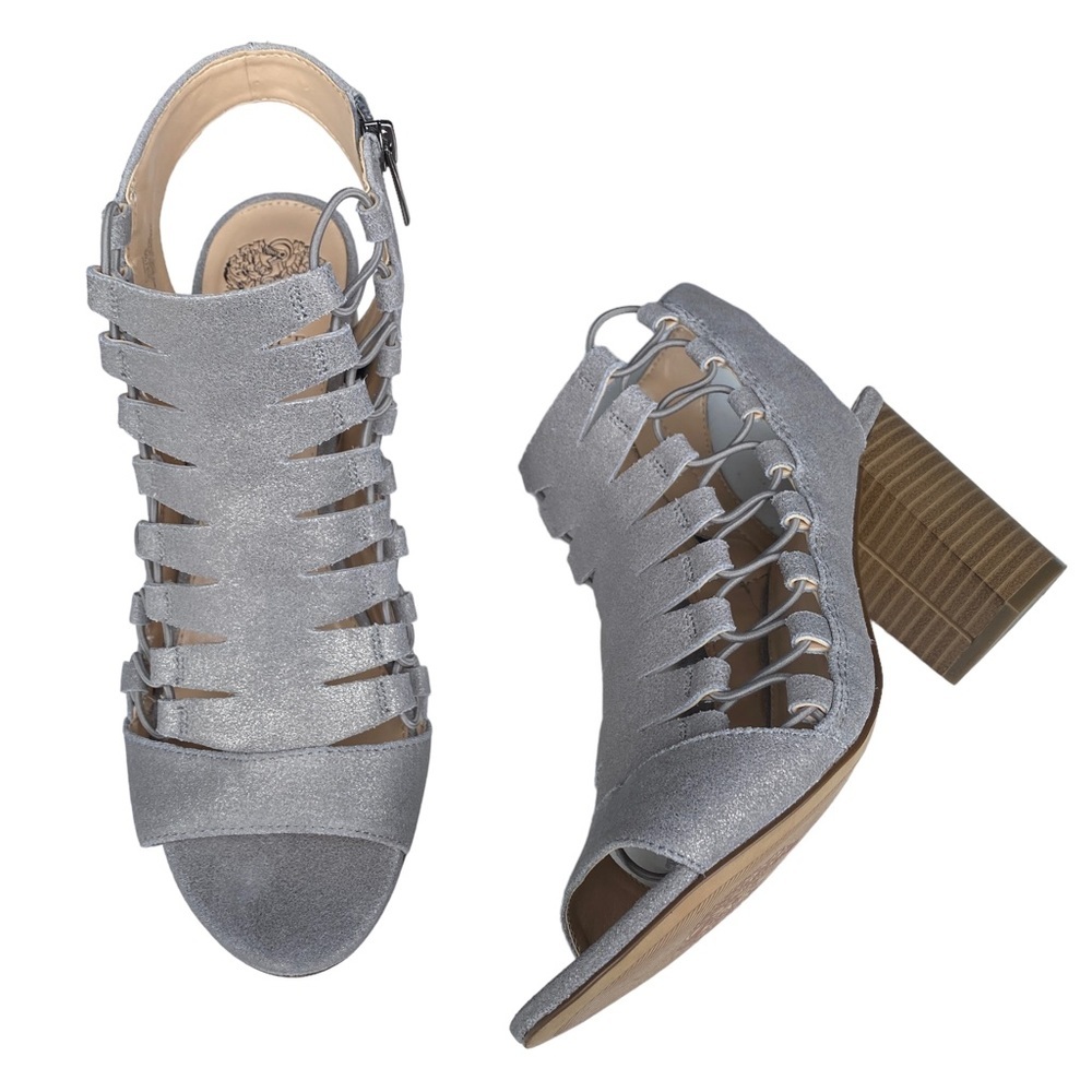 Vince Camuto Silver Gray Briaz Strappy Block Stacked Heel Cage Heels Shoes 9